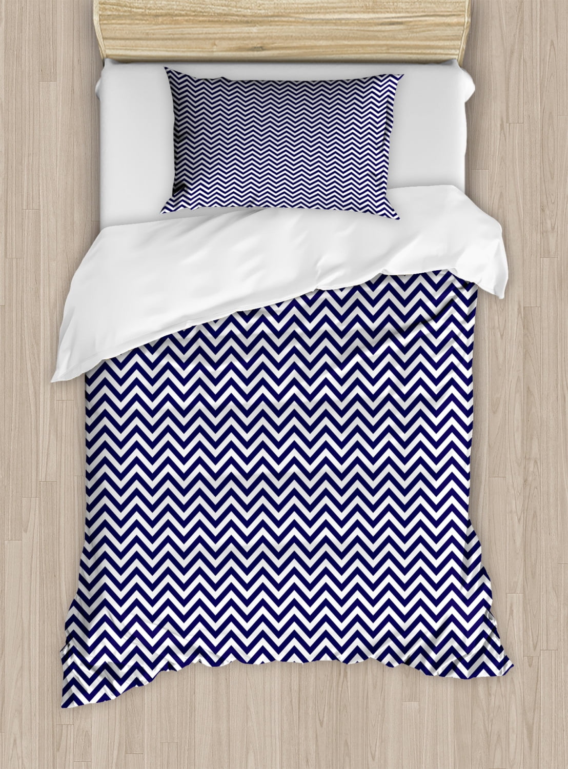 Navy Blue Duvet Cover Set, Vertical Chevron Zig Zag Stripes Pattern in Classical Maritime Colors