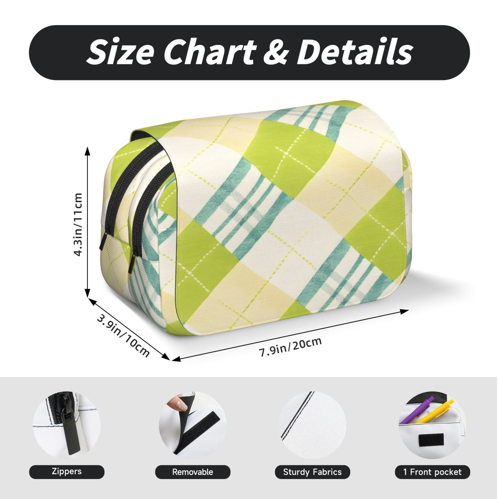 Large-Capacity Flip-Top Double-Layer Pencil Case, Multi-Functional Pocket Pen Case, Durable Stationery Organizer Lime Houndstooth Hand-Drawn Sketch_1