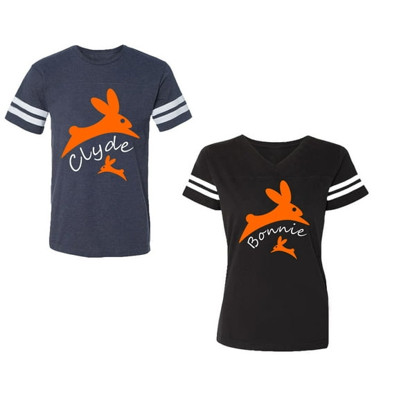 Clyde Bonnie Unisex Couple Matching Cotton Jersey style T-Shirt Contrasting stripes on sleeves (Men Navy / Women Black) (Men S / Women S)