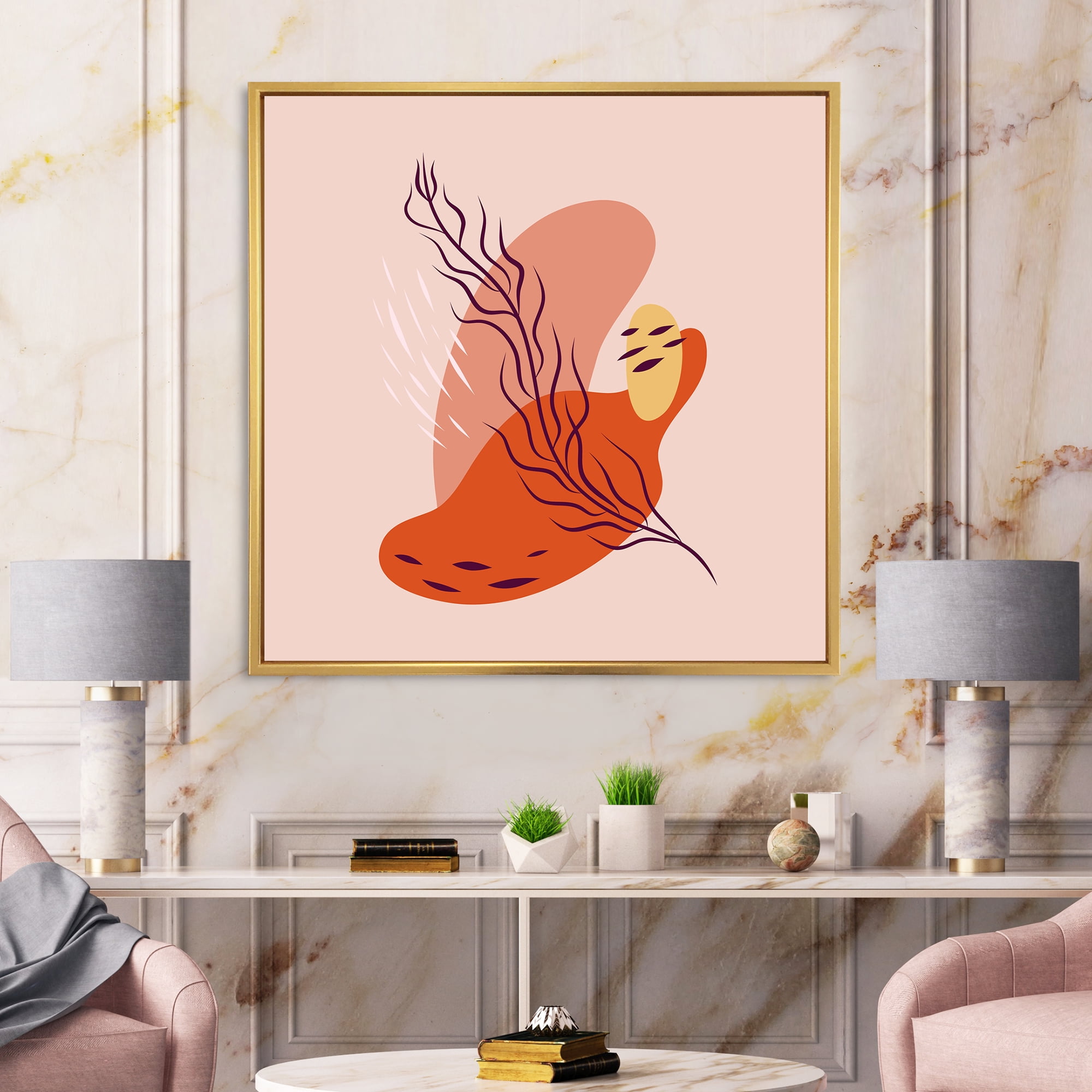 Designart 'Abstract Warm Colors Spring Leaf' Modern Framed Canvas Wall Art Print