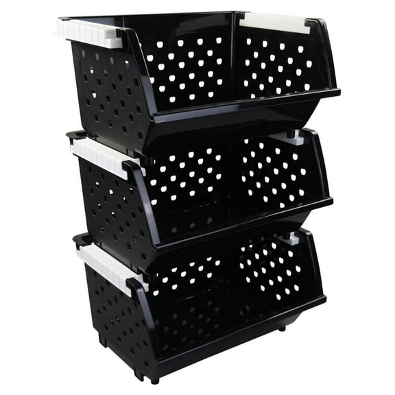 3 Pack Plastic Stackable Organizer Basket, Kitchen Stacking Storage Bin Open Front, Black