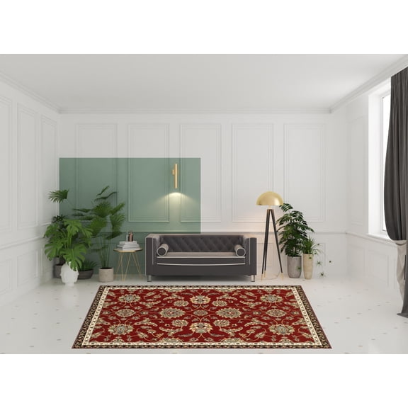 8' X 11' Red Black Blue Ivory Green And Salmon Oriental Power Loom Stain Resistant Area Rug