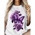 thumbnail image 3 of Women's T-Shirt Retro Dreamy Purple Butterfly Wings Rose Short Sleeve Casual Tee Classic Crew Neck T Shirt for Women White, L, 3 of 7