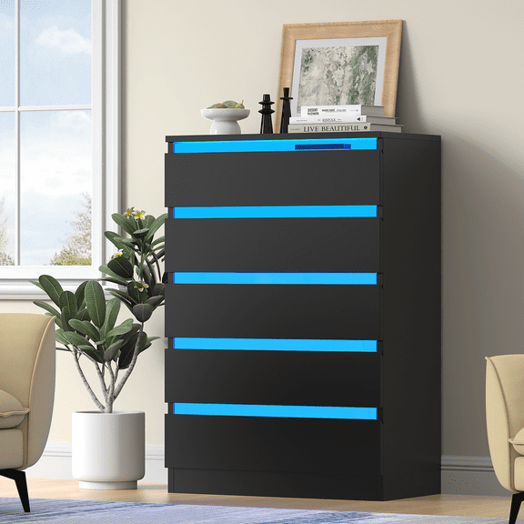Frmobepts 5 Drawer Black Dresser with LED Lights & Power Outlets, Modern Storage Cabinet for Bedroom, White Chest of Drawers Wood Organizer for Living Room