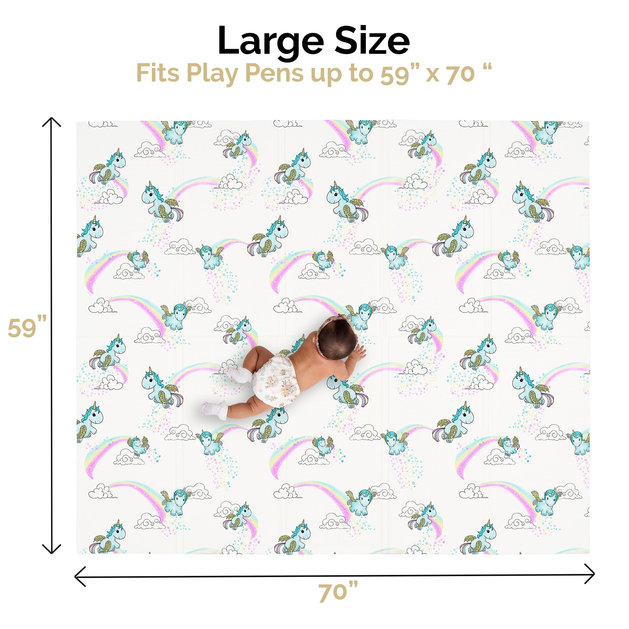 JumpOff Jo Large Foldable Kids Foam Play Mat, Padded Baby Floor Mat, 70 x 59 in - Fairy Unicorn