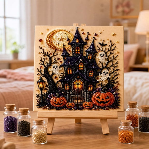 CaiYueKe Halloween Ghost Pearl Beaded Art DIY Painting Kit 20x20cm, Pumpkin Carriage Witch House Wall Decor, Beginner Friendly Craft Set for Home Party Gift