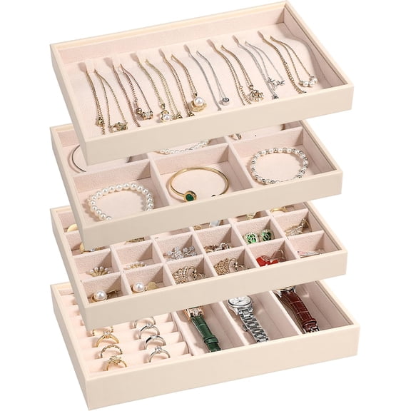 Stackable Jewelry Organizer Trays 4 Set,PU Leather Jewelry Organizer Drawer,Jewelry Storage Display Tray for Earring Necklace Rings Bracelet with Removable Dividers,Apricot