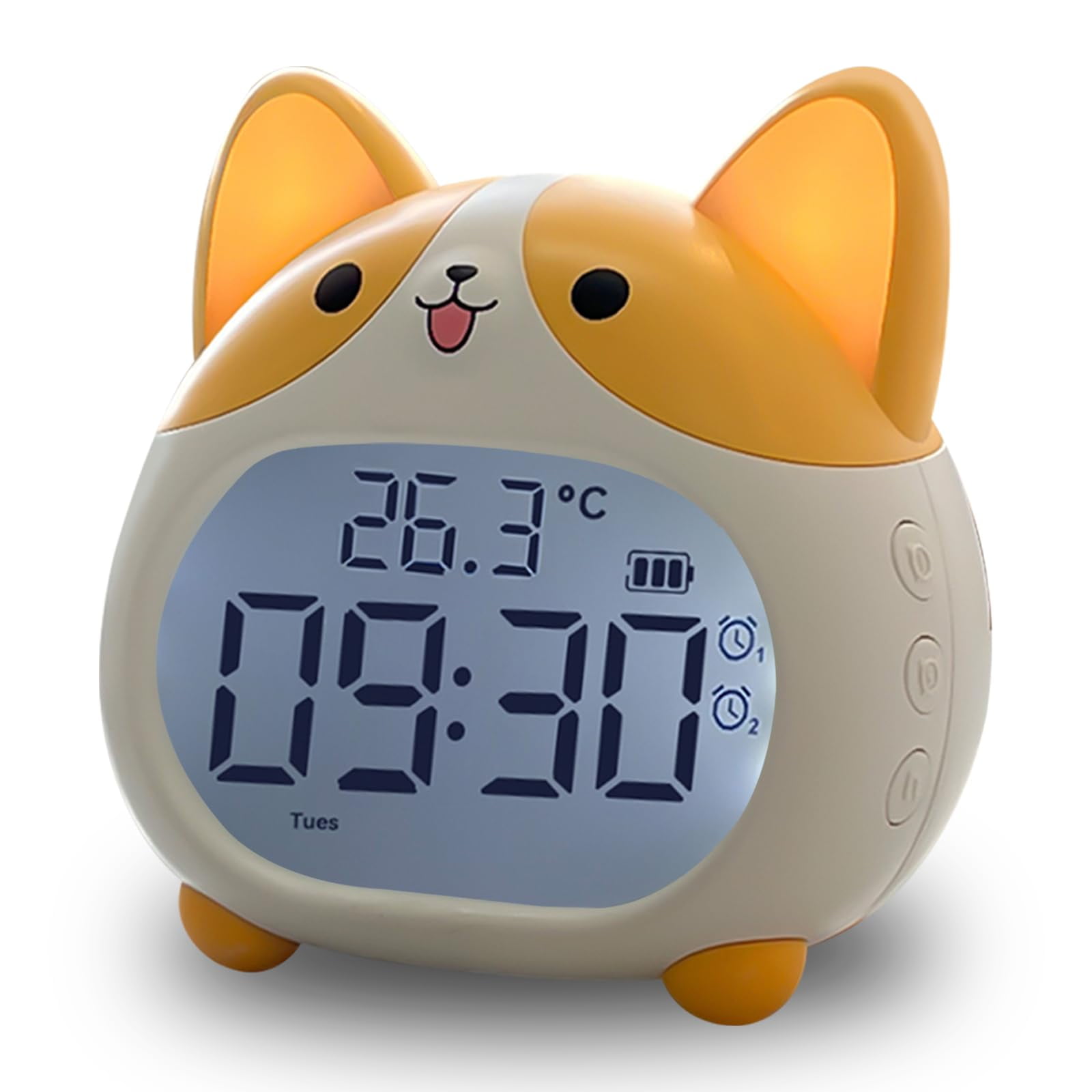 Cute Dog Alarm Clock for Kids with Night Light, 6 Alarm Tones, Snooze, Timer, Date and Temperature Display, Rechargeable Battery Operated Digital Clock for Bedroom (Yellow)