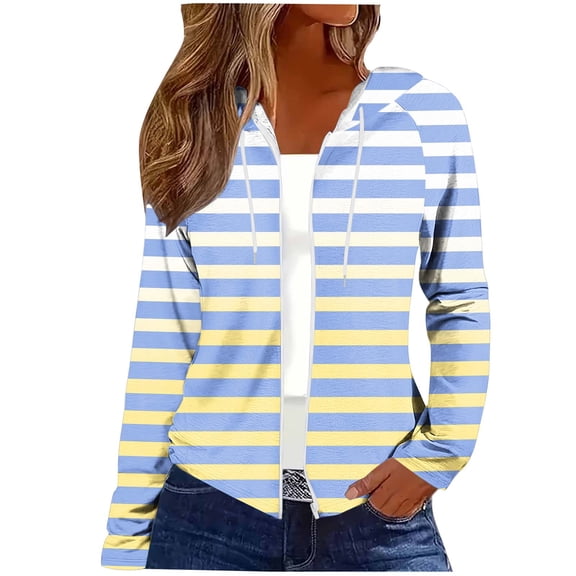 Jerdar Women's Striped Gradient Zip Up Hoodie Long Sleeve Casual Hooded Jacket with Pockets for Spring Daily Wear L