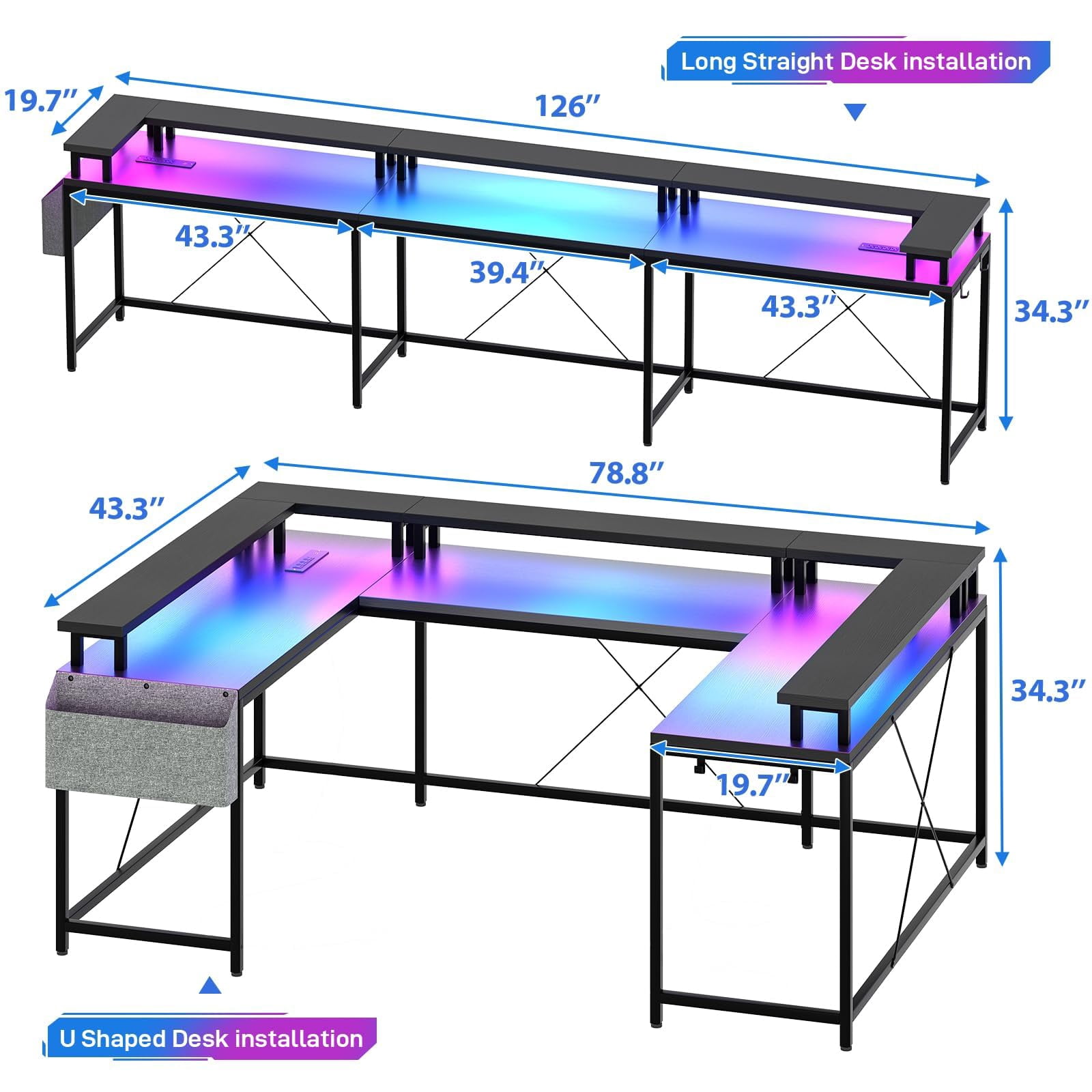 Luku U Shaped Home Office Desk, Reversible L Shaped Gaming Computer Desk with Power Outlets,126 Inch Computer Desk with Monitor Stand and LED Lights,Storage Shelves,Storage Bag and Hooks
