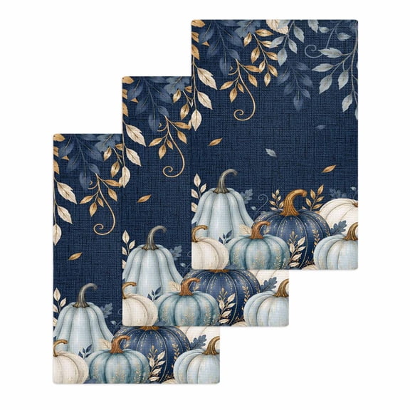 Navy Blue Pumpkins Fall Kitchen Dish Towels for Drying Dishes Set of 3, Thanksgiving Gold Eucalyptus Leaf Waffle Weave Microfiber Hand Tea Bathroom Towels Quick Dry & Absorbent Towel 15.7x23.6