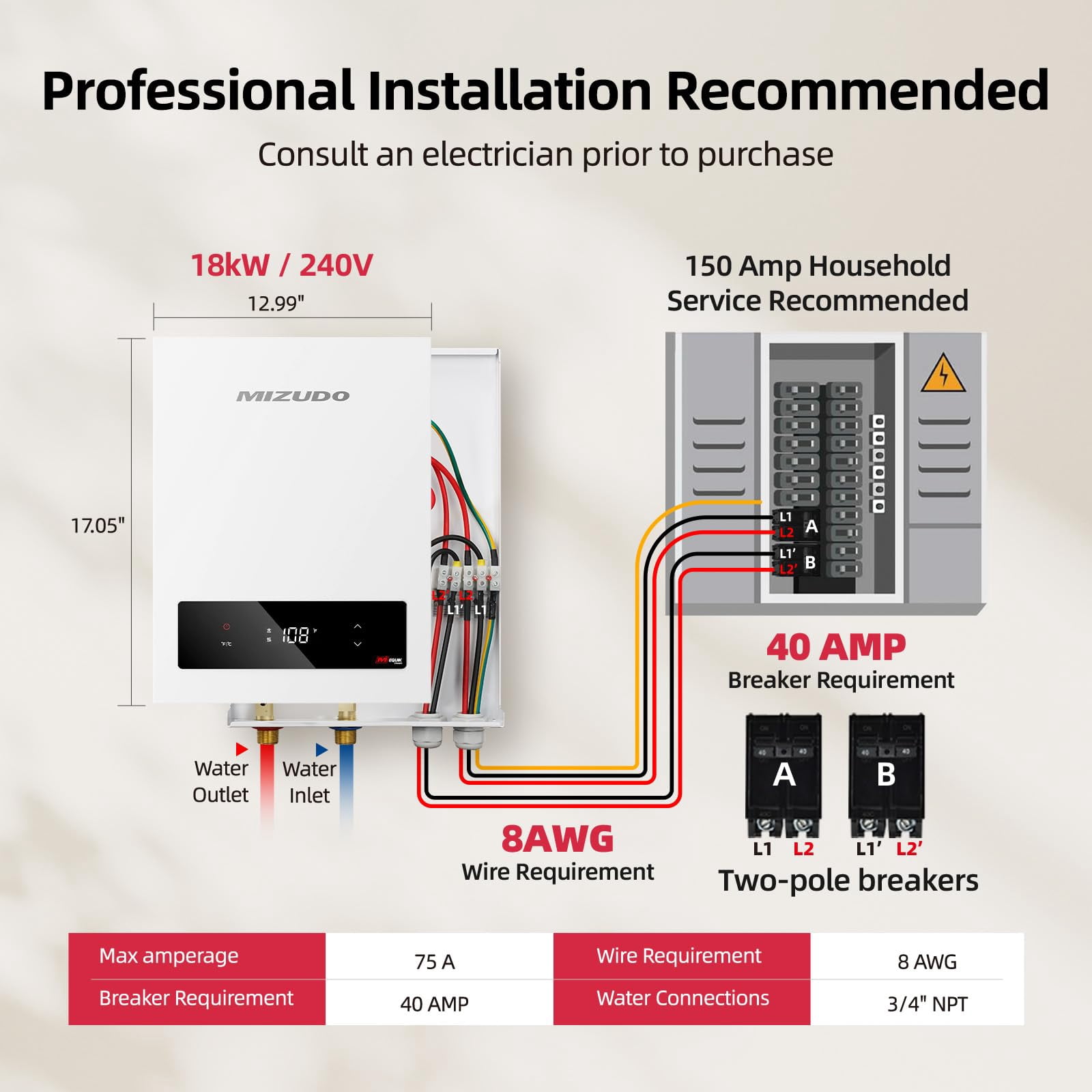 Mizudo EQUIK Classic 18 kW 3.0 GPM 240-Volt Touch Screen Residential Tankless Electric Instant Hot Water Heater