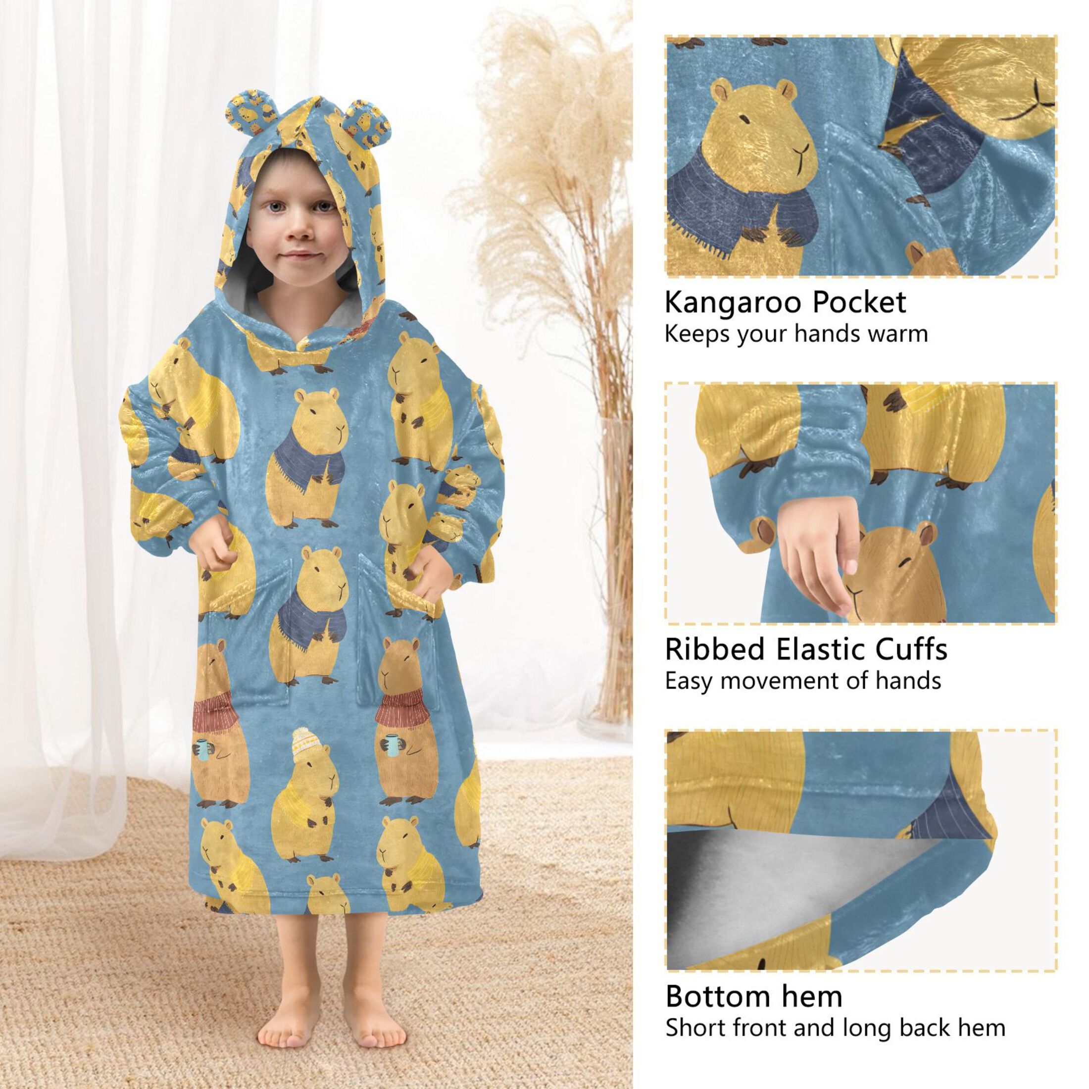 joogoo Blanket Hoodie for Capybara Blue Oversize Sweatshirt 3-14 YR L