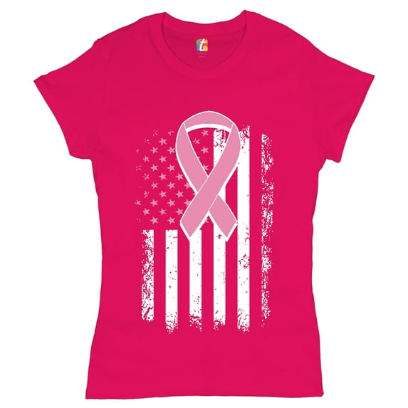 Tee Hunt Pink Ribbon Distressed Flag Women's T-Shirt Novelty T-Shrit Breast Cancer Awareness Tee, Pink, Large