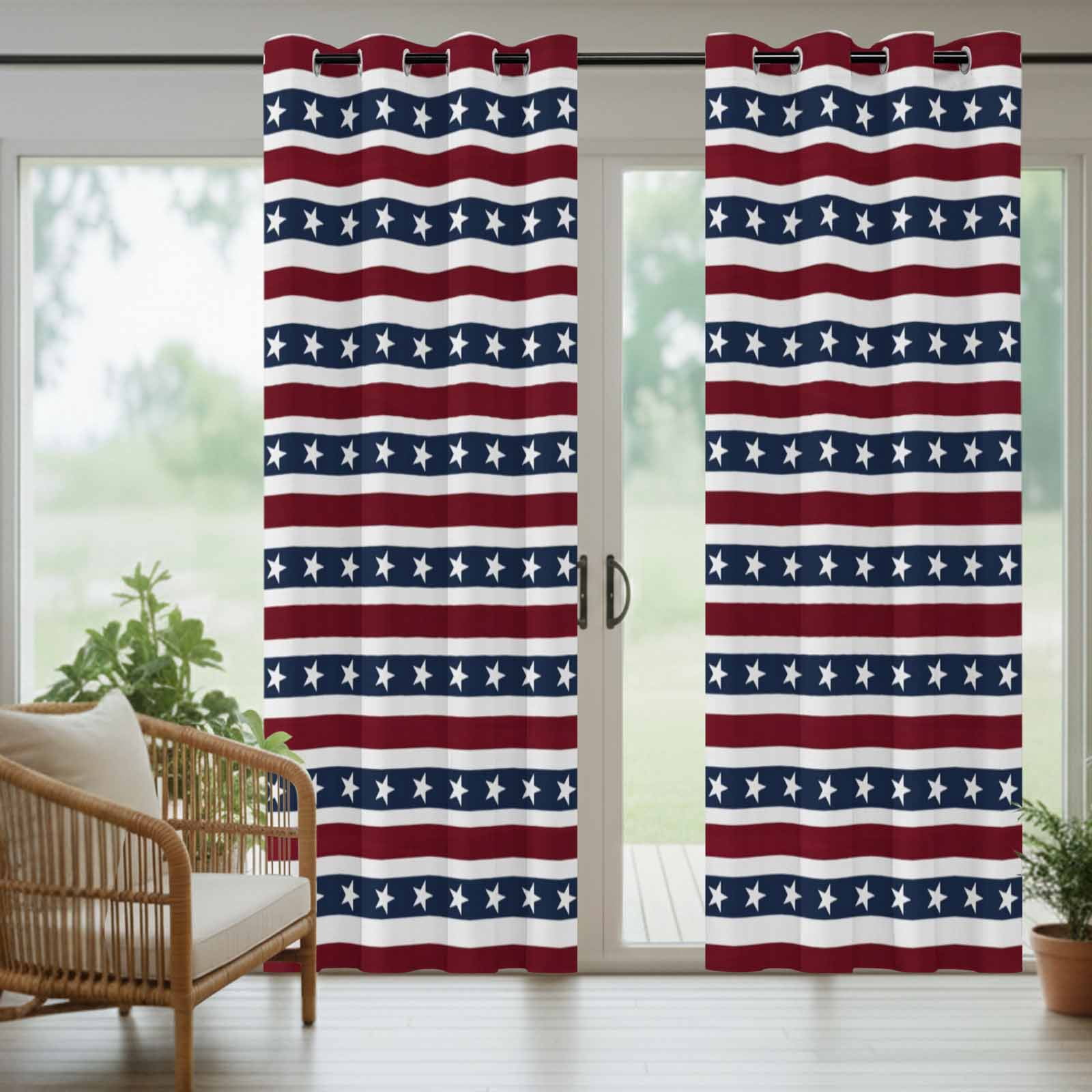 Independence Day Outdoor Curtains for Patio, Watercolor U, S, Flag Themed White Five-Pointed Star Sunshade Privacy Drapes Grommet Waterproof Outside Curtains for Porch Balcony 54"x108", 1 Panel