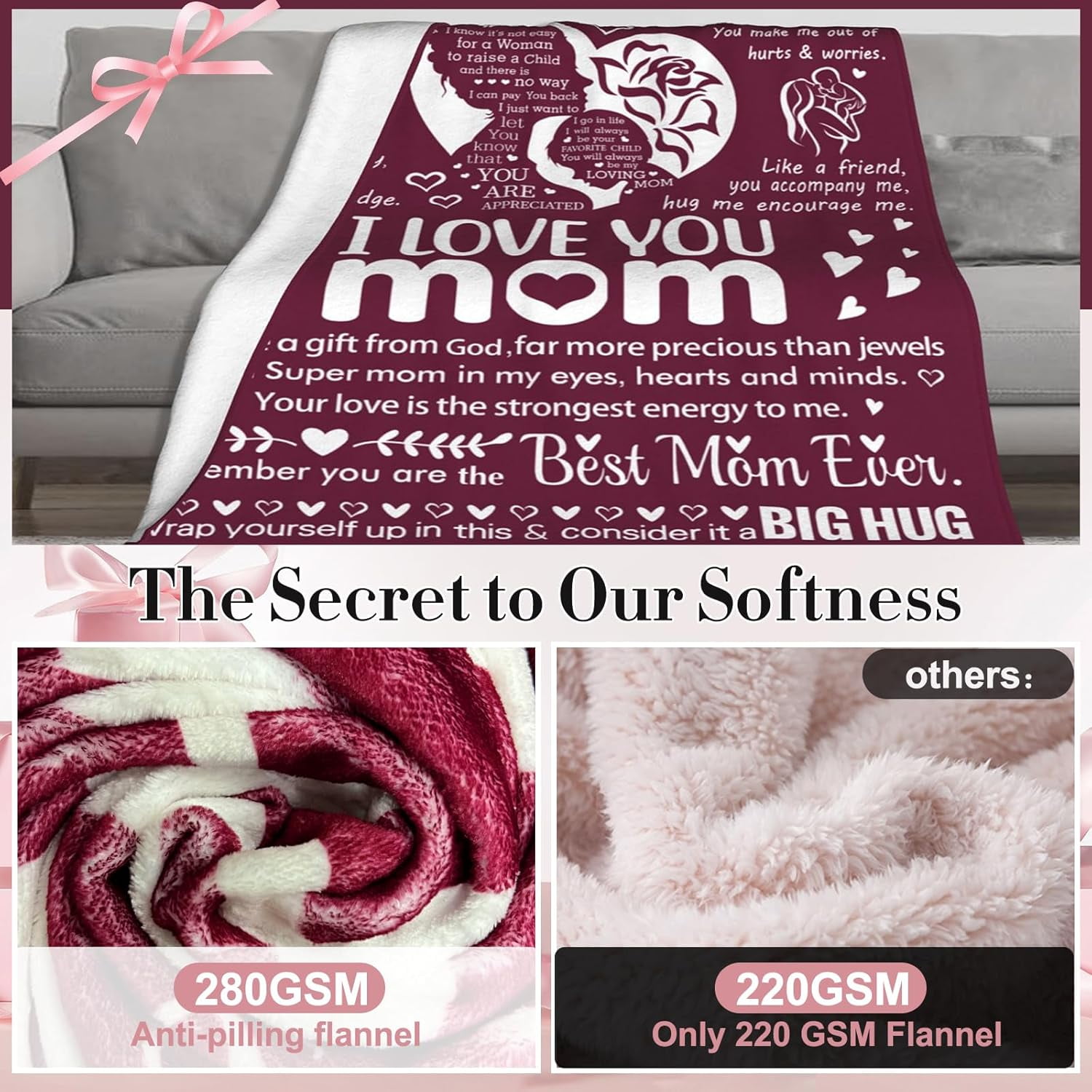 I Love You Mom Blanket for Mom, Valentines Gifts for Mom from Daughter Son, Birthday Gifts for Women Who Has Everything, Blanket Gift for Her, I Love You Mom Throw Blanket
