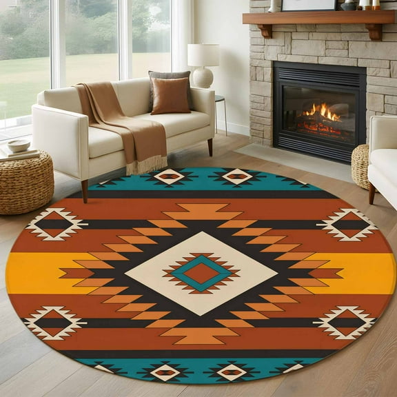 Aztec Southwest Round Rug 5ft Washable Circle Kitchen Rugs Non Slip Orange Red Geometric Tribe Vintage Large Area Rug Indoor Floor Carpet for Bedroom Living Room Home Office Dining Room Nursery