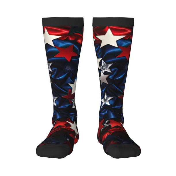Balery Red Blue White Stars Calcetines novedosos Calcetines deportivos Calcetines hasta la rodilla Calcetines de algodón Calcetines originales y geniales
