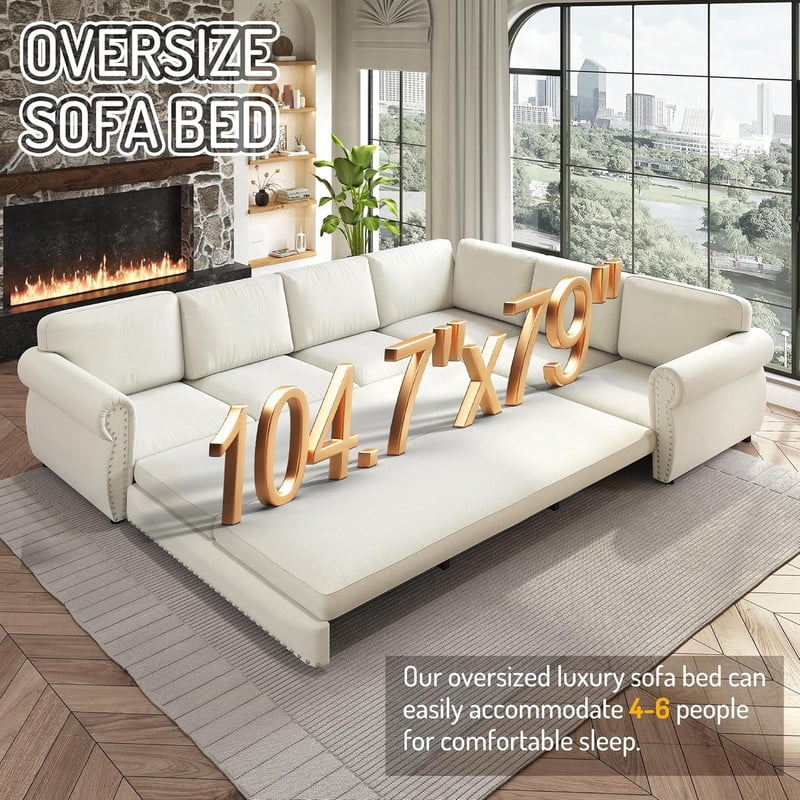 118" L-Shaped Convertible Sleeper Couch Bed, Chenille Upholstered Sectional Sofa with Pull-Out Sofa Bed, Modern Chesterfield Sofa for Living Room