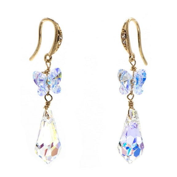 Gold-tone CZ Fishhook Earrings with Austrian Aurora Borealis Crystal Butterflies and Teardrops for Women, Trending Earrings