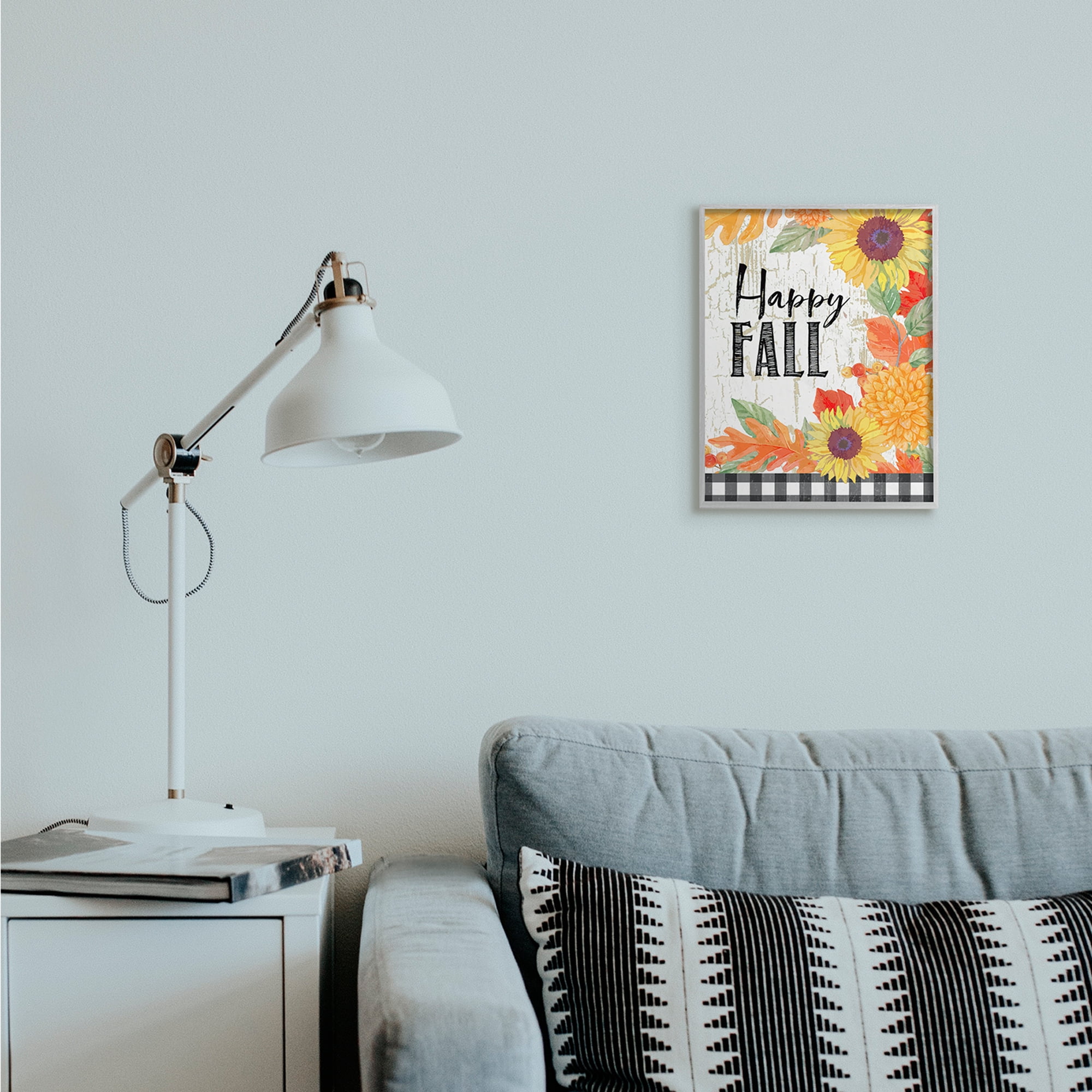 Stupell Industries Happy Fall Phrase Checkered Plaid Sunflower Floral Landscape Painting Gray Framed Art Print Wall Art, 11 x 14