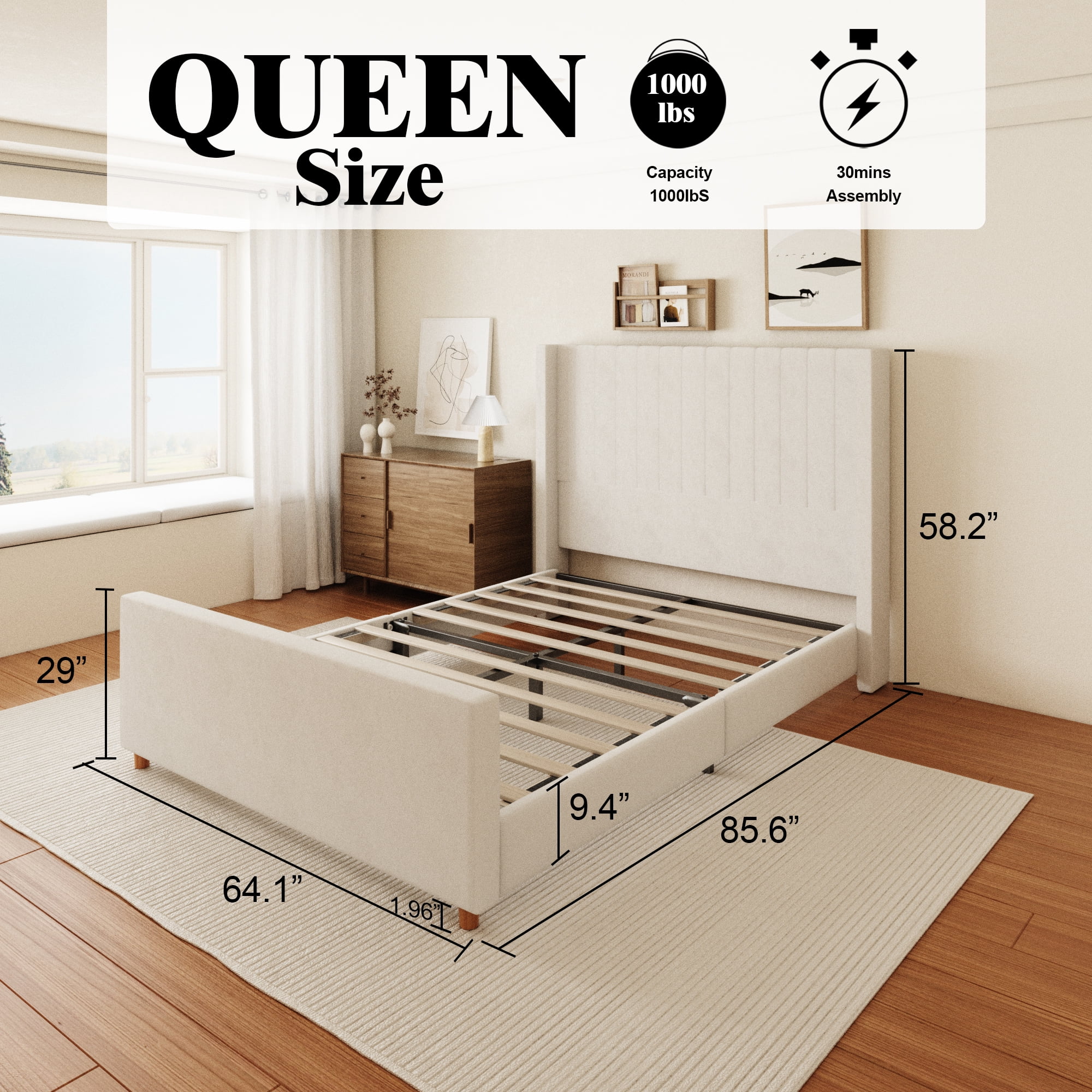 Queen Size Bed Frame, Upholstered Platform Bed with 58.2" Tall Headboard & Footboard, Soft Velvet Fabricbed Bed, Easy Assembly, Beige