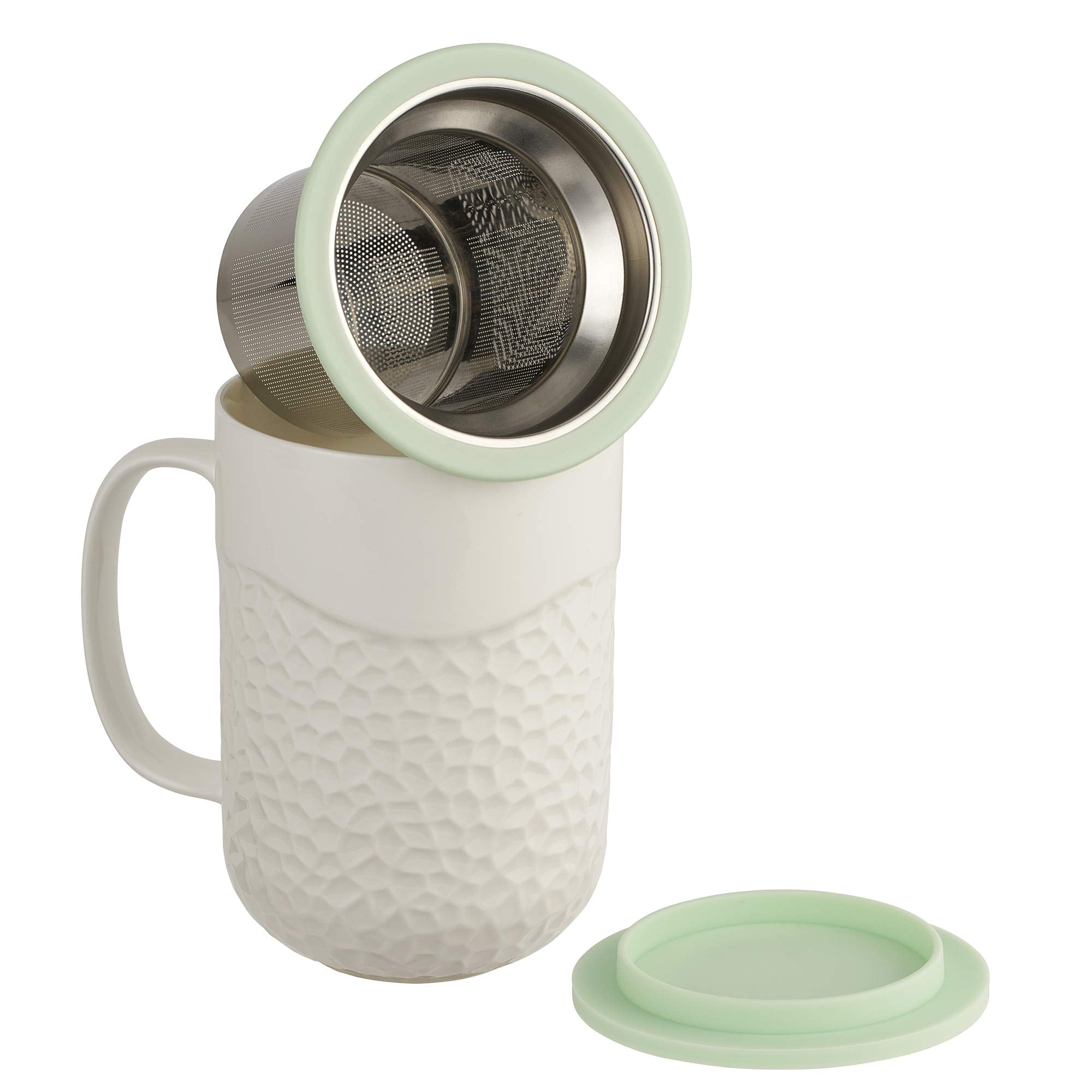 124806 15 oz Coral Tea Infuser Mug White Green Lid