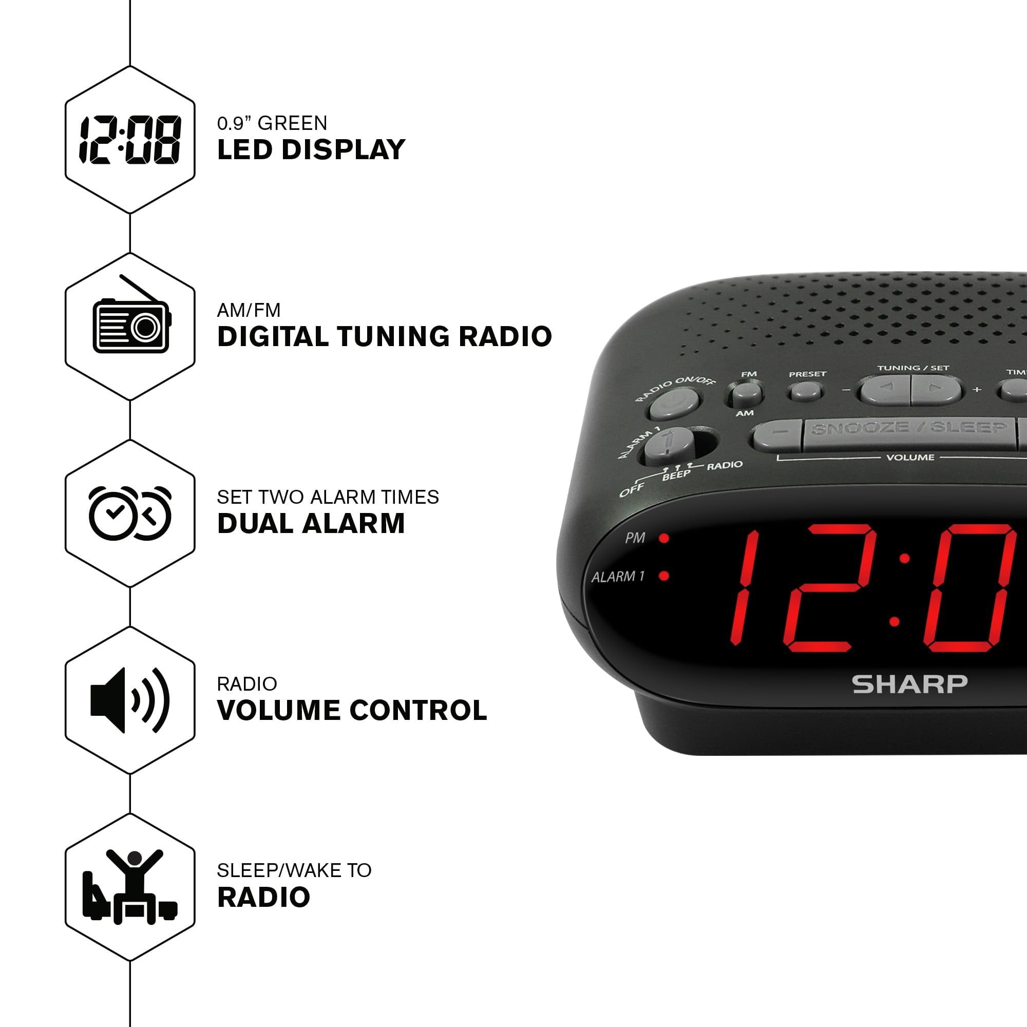 Sharp AM/FM Dual Alarm Clock Radio, 2-7/16"H x 4-5/16"W x 5-1/2"D, Black