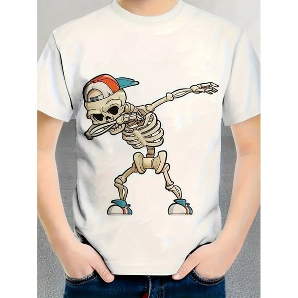 Youth Casual Skeleton Dabbing Print T-Shirt - Cotton Crew Neck Tee with Elastane for Stretch - Spring/Summer Knit Fabric Top for Boys - Regular Fit Running Shirt, Ages 3+
