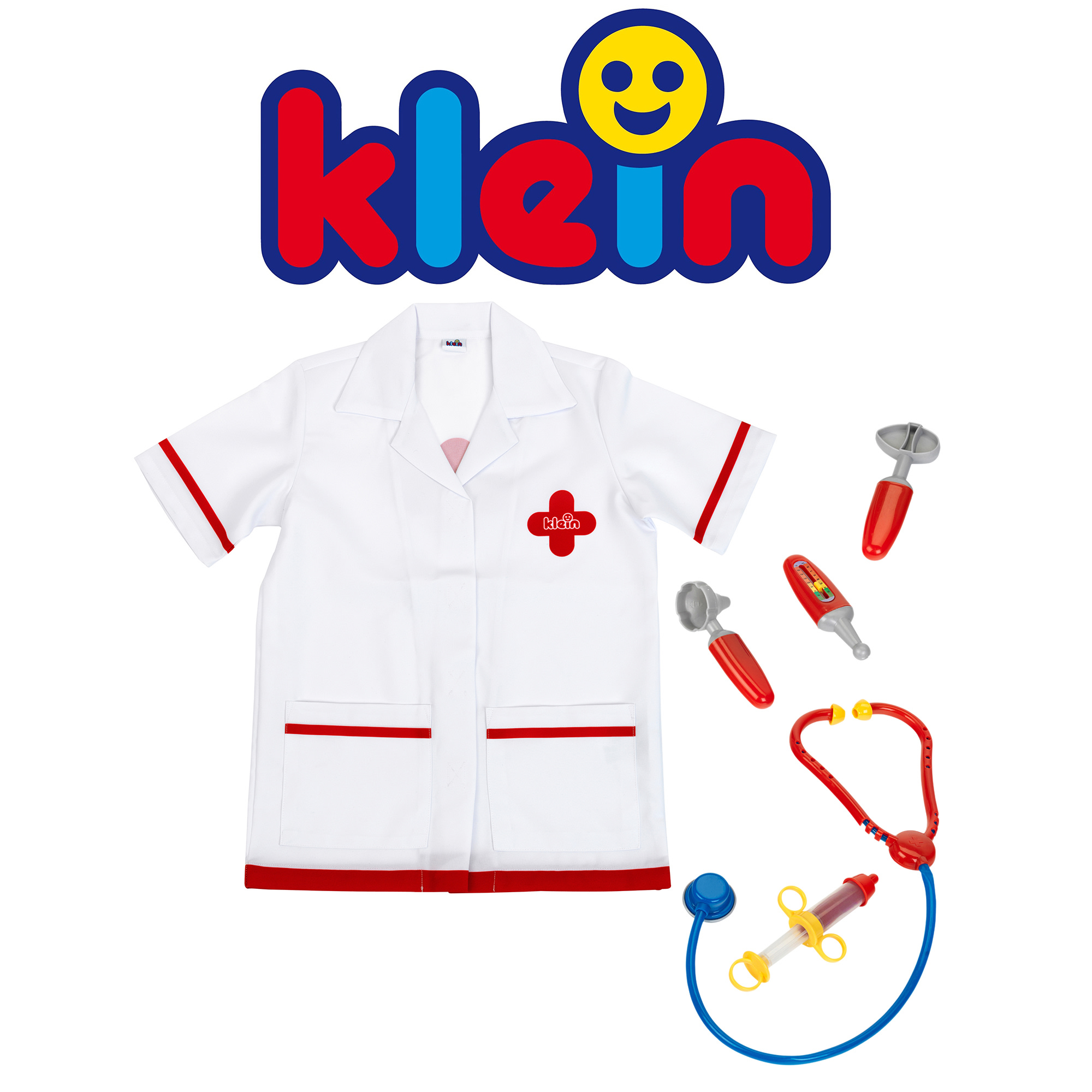 Klein: PRO Doctor Costume - White & Red - 6pc Set, Dress Up Outfit,Toy Accessories, Stethoscope-Syringe-Thermometer-Blood Pressure Meter, Kids Age 3+