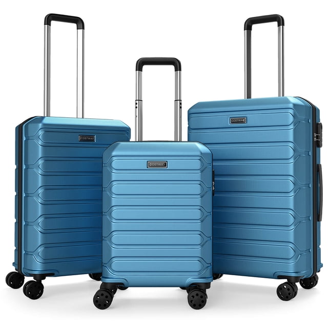 Costway Ensemble de Valises Rigides 3 Pcs (20/24/28 Po) avec Roues Pivotantes à 8 Roulettes, Cadenas à 3 Chiffres Bleu