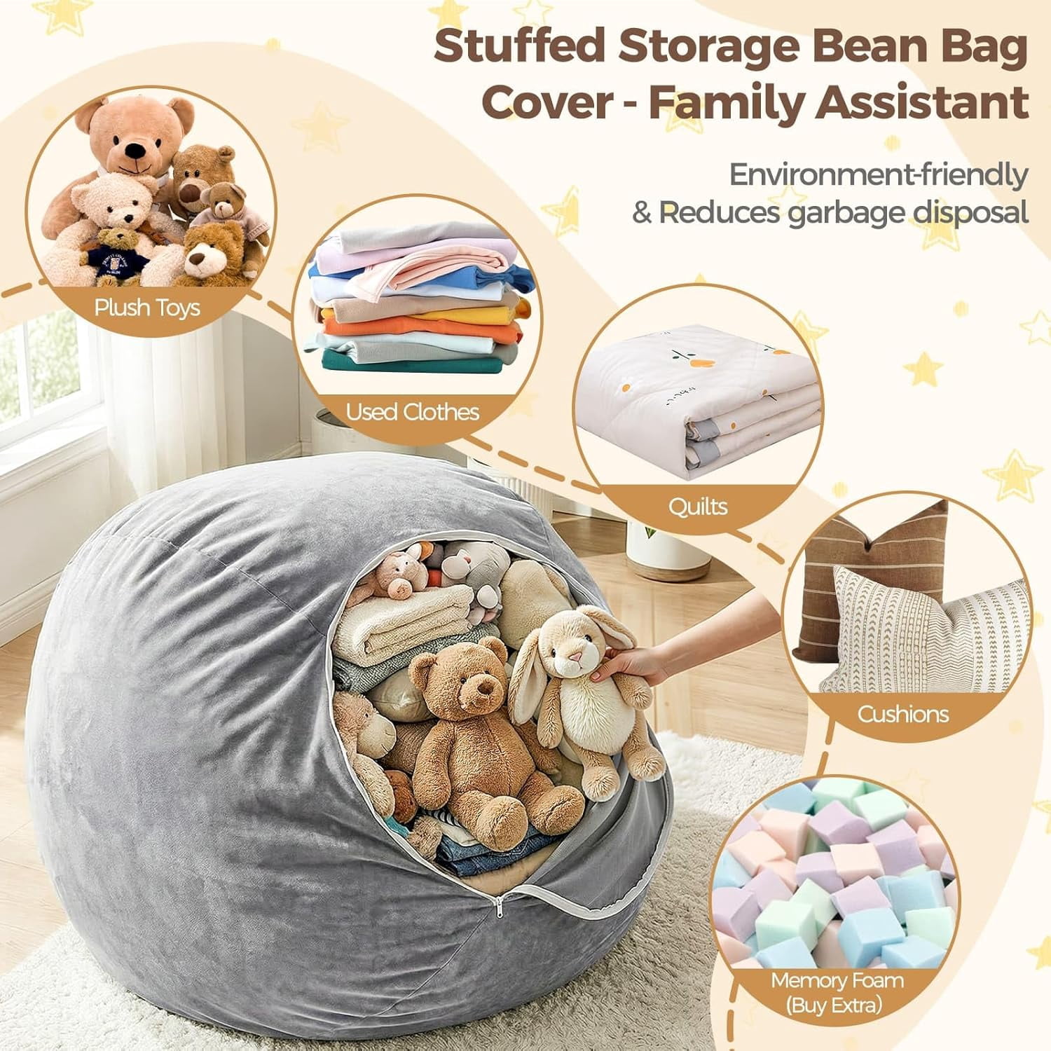 Stuffed Animal Storage Bean Bag Chair Cover for Kids (No Filler), Soft Comfy Velvet Beanbag Chair Cover Machine Washable, Kids Bean Bag Chair with Handle for Living Room Bedroom Dorm,Dark Gray