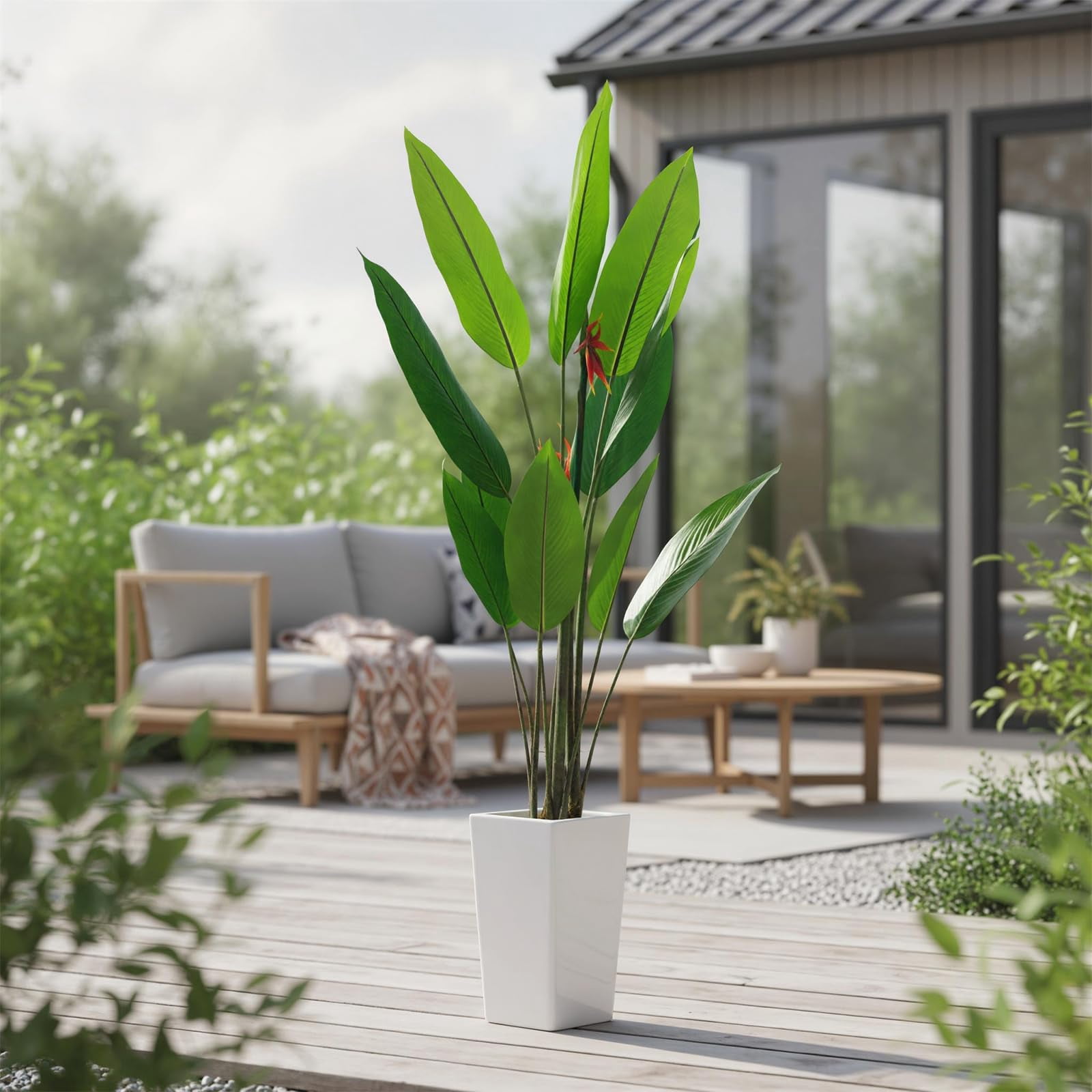 Accreate Faux Banana Tree Artificial Plant, Fake Potted Tropical Evergreen with Tall White Planter for Living Room, Entryway, Porch, or Office