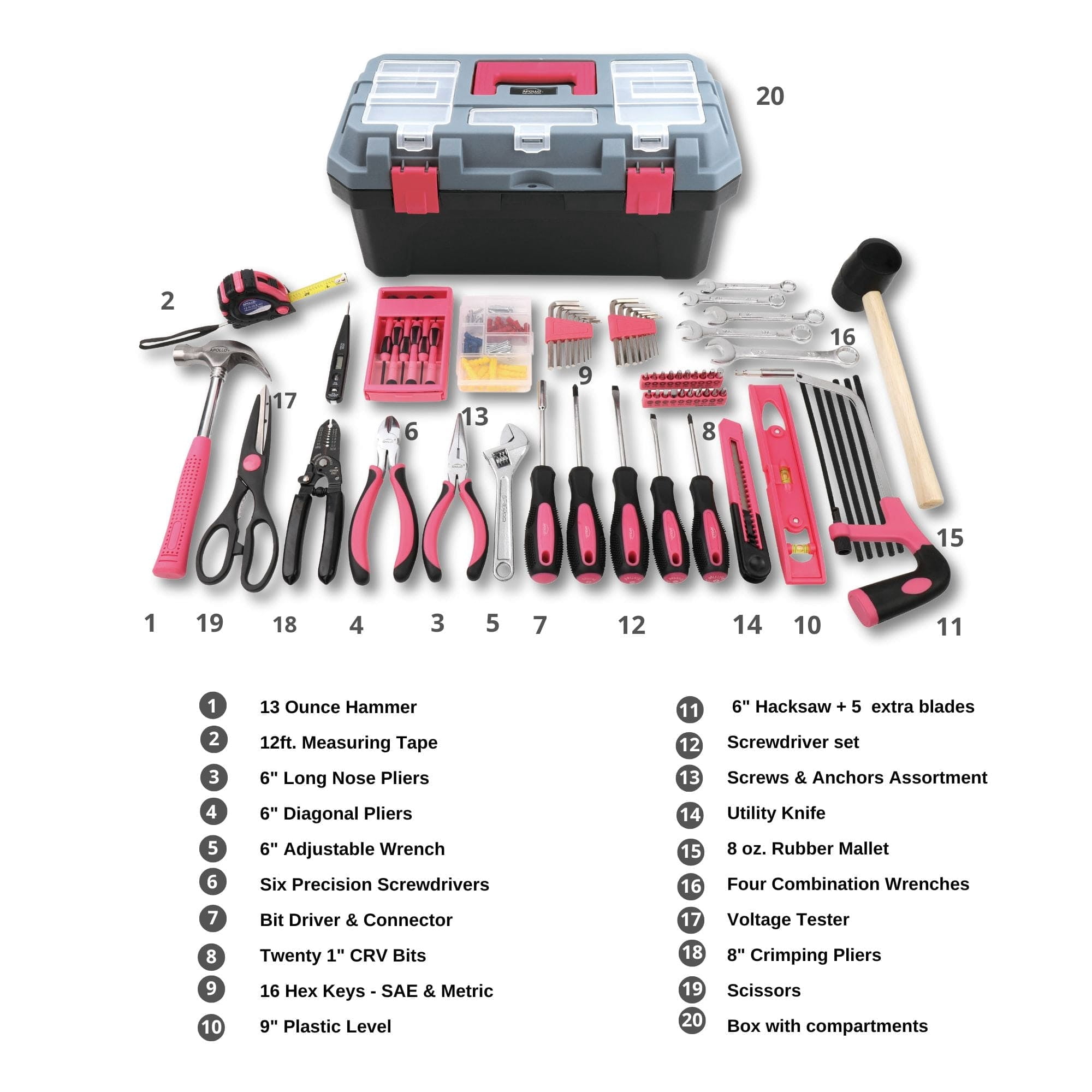 Apollo Tools Pink 170 Piece Household Tool Kit with New and Improved Tool Box - DT7103P