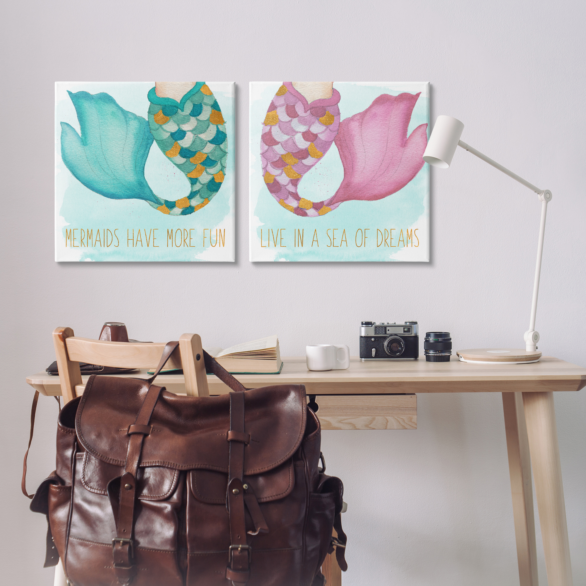 Stupell Industries Fun Mermaid Tails Fantasy & Sci-Fi Painting Wrapped Canvas Art Print Wall Art, 24 x 24, Set of 2