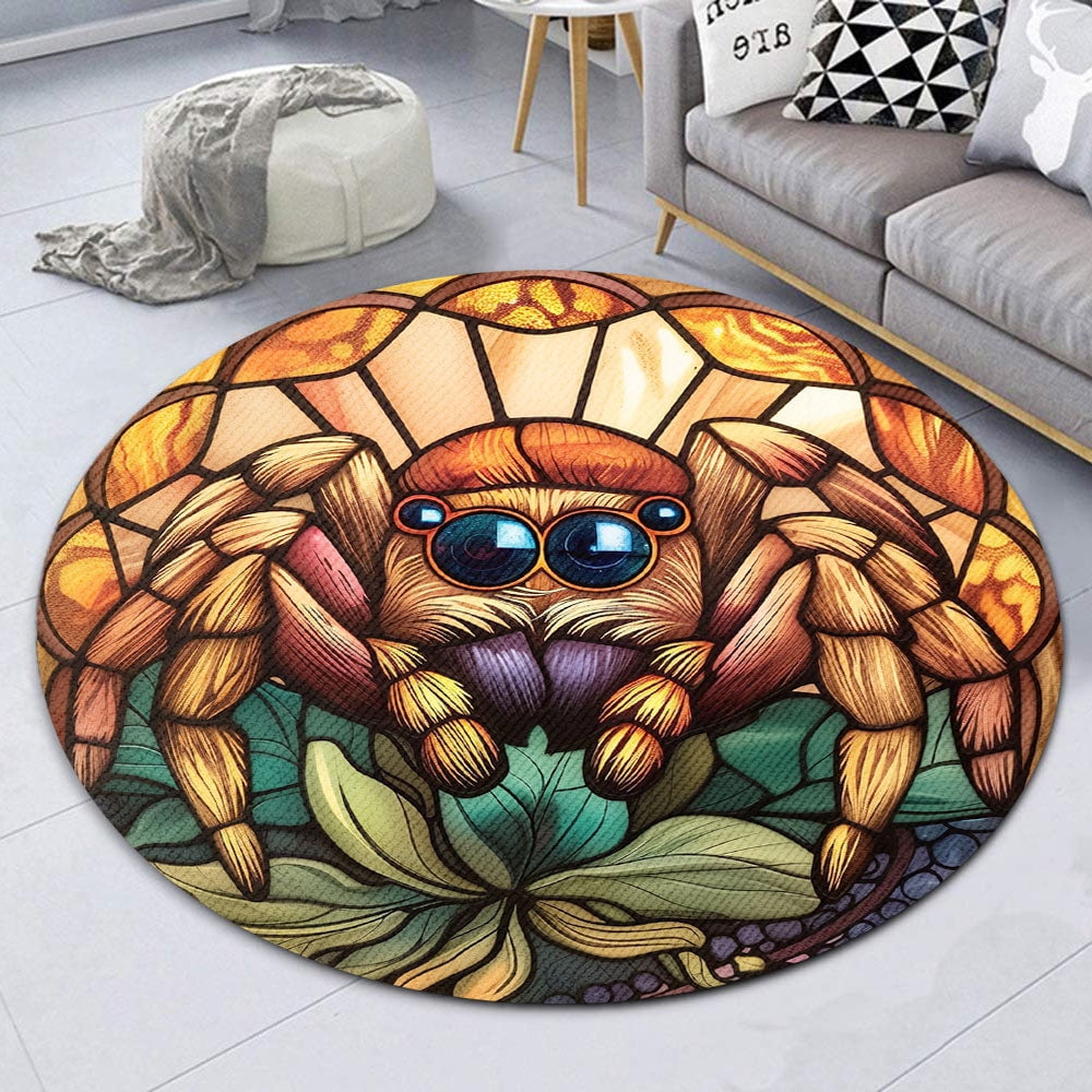 Round Area Rug, Jumping Spider Non-Slip Floor Mat, Soft Washable Carpet for Living Room Bedroom Decor 24 Inch