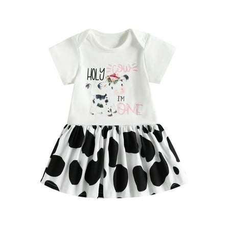 

Canis Stylish Cow Print Dress with Short Sleeves for Baby Girls