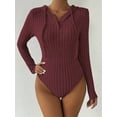 thumbnail image 2 of Ribbed Drawstring Hooded Bodysuit Long Sleeve Tight Fit Bodysuit Spring Fall Women's, 2 of 9
