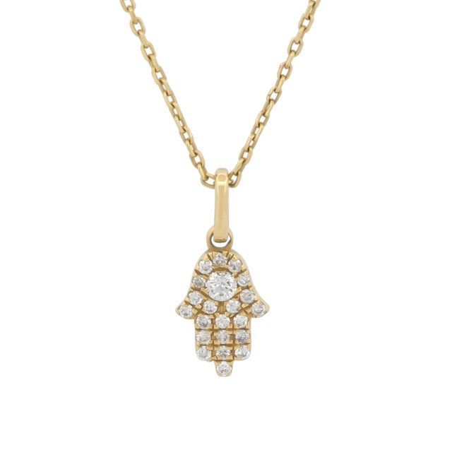 gargantilla mano de fatima diamantes oro sólido 14k collar con cadena 45 cm ajustable a 40 cm y dije mano de Fátima 0.9 x 0.5 cm en oro amarillo 14k con pavé de diamantes naturales 0.09 ct color F claridad SI; vista frontal centrada sobre fondo blanco, cadena de eslabón fina. Suele usarse como amuleto diario y complemento elegante para mujer.