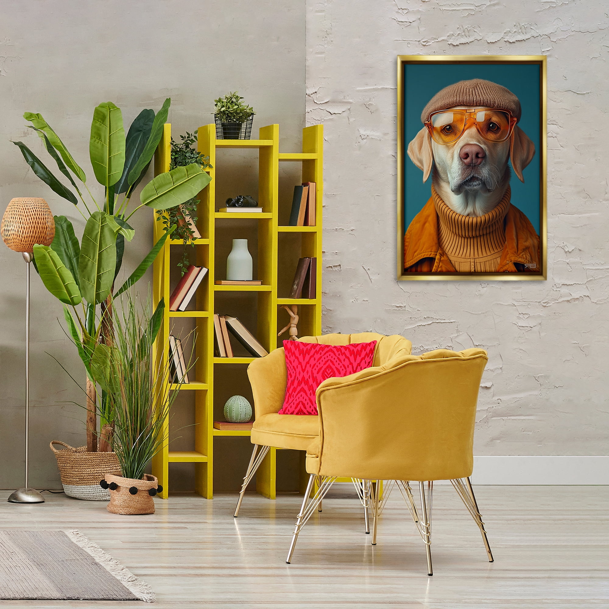 Stupell Industries Dog in Knit Fashion Animals & Insects Painting Gold Floater Framed Canvas Art Print Wall Art, 21 x 31