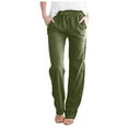 thumbnail image 4 of 2pc Linen Pants for Women Straight Leg Elastic Waist Drawstring Trousers with Pockets Solid Color Pants (2XL, Army Green), 4 of 7
