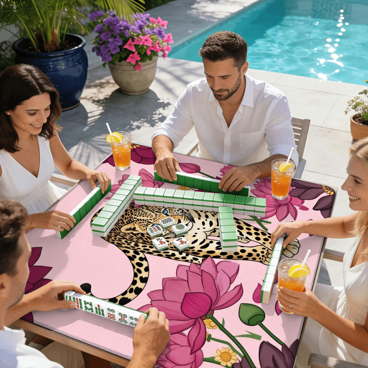 Mahjong Mat 31.5" x 31.5" Majestic Leopard Blue Eyes Among Pink Purple Lotus Flowers Non-Slip Noise Reduction American Mahjong Tiles Table Cover for Dominoes Poker Card Board Games Gift