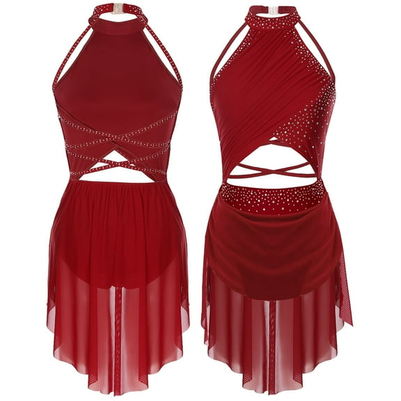 Aiihoo Women's Lyrical Dance Dress Ballet Gymnastics Leotard Dress Latin Jazz Modern Dancewear Burgundy L