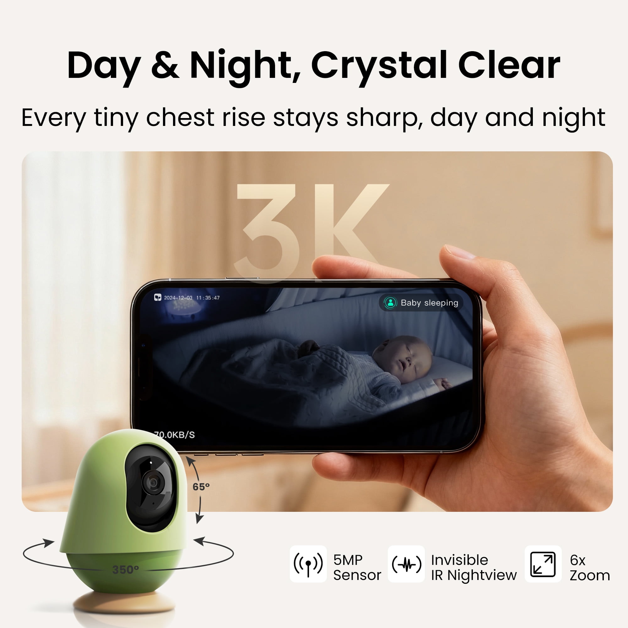 Monai Smart WiFi Baby Monitor with 3K Camera, Free APP with Covered-Face/Sleep/Cry Alerts, Virtual Safety Fence, AI-Powered Smart Baby Monitor, Night Vision, Local Storage & Cloud Backup, Clip Mount