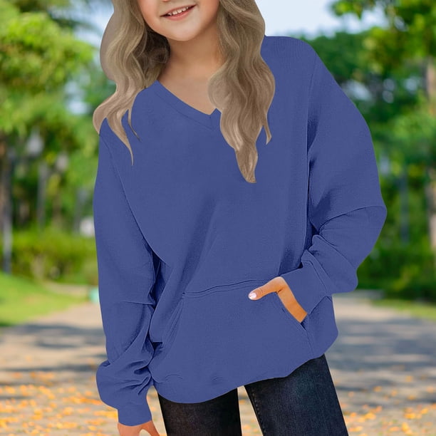 Blusas y camisas de manga larga con cuello redondo para niños y niñas, sudaderas casuales de manga larga, lindas sudaderas de gran tamaño con bolsillo de polar, chaquetas para niñas