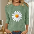 thumbnail image 2 of 3/4 Sleeve Ribbed Knit Tops for Women Daisy Printed Loose Crew Neck Tee Shirts Dressy Casual Pullover Going Out Graphic Blouse, 2 of 6
