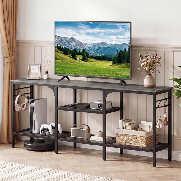 Chenshuoo Industrial TV Stand for TVs up to 65”, 55” Long Entertainment Center with 4 Open Storage Shelves & Metal Hooks, 3-Tier Media TV Console Table for Living Room (Oak, 55”L)