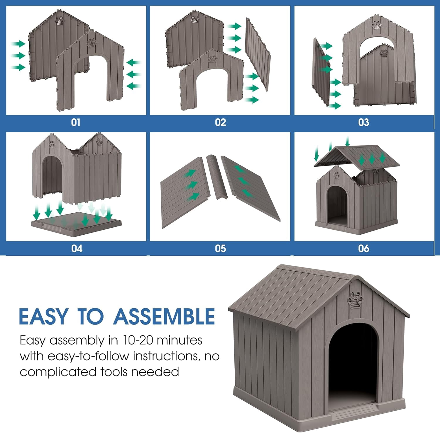 Large Dog House Outdoor Indoor, Durable Plastic Waterproof Doghouse with Air Vents and Elevated Floor, Easy Clean and Assemble for Medium Large Dogs (Classic Grey, 36.2''L×38''W×38''H)