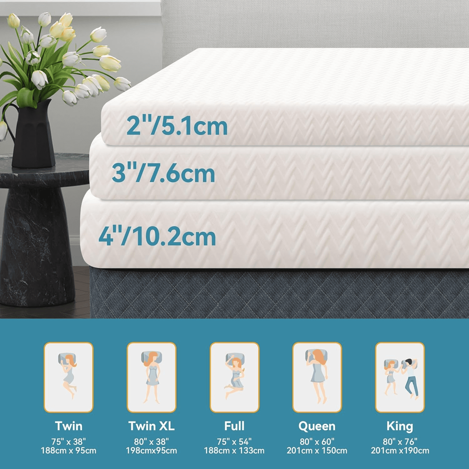 Gel Memory Foam Mattress, 2-Inch Size, Breathable Mattress with Removable Cover, High Density Mattress for Pain Relief