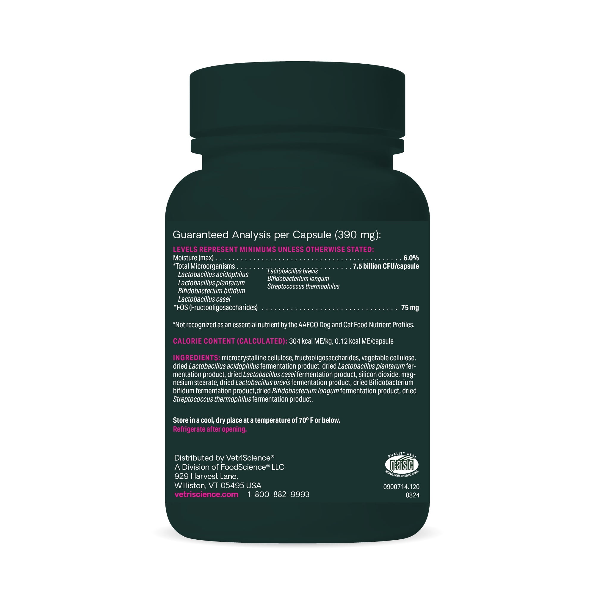 VetriScience Extra Strength Gut Health Probiotic Capsules for Dog & Cat, Unflavored, 120 Count Bottle